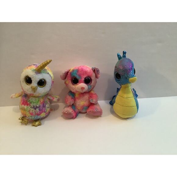 3 Ty Beanie Babies Enchanted Owl Frankly Bear Neptune Seahorse Stuffed Animals - Picture 1 of 7
